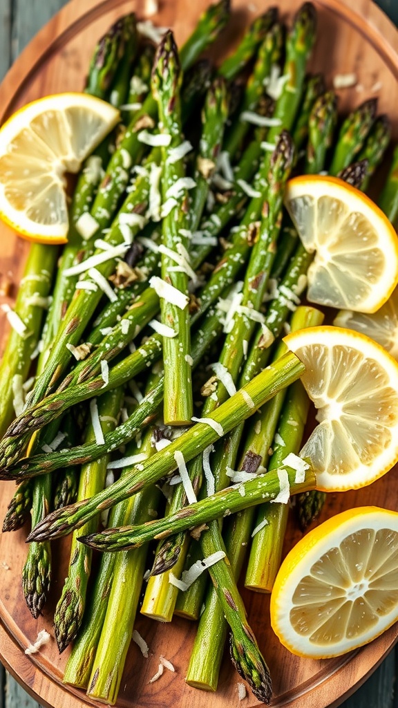 Oven-roasted asparagus topped with Parmesan cheese and garlic, served with lemon wedges on a wooden platter.